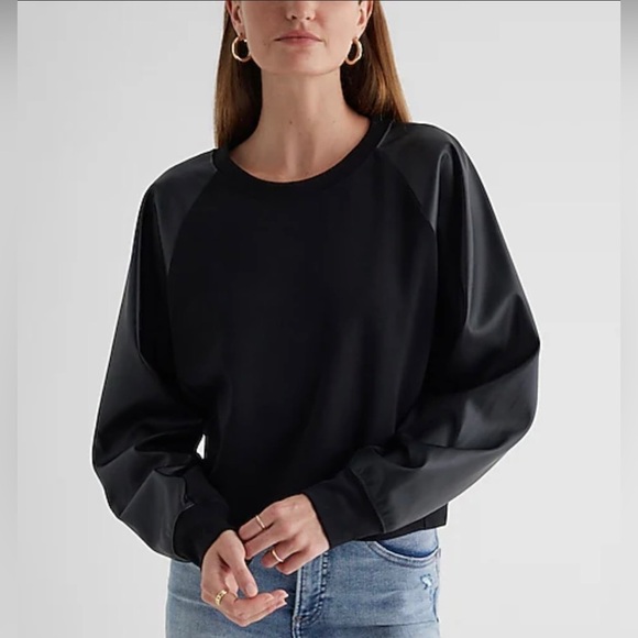 Express Tops - Express faux leather sleeve body sweatshirt